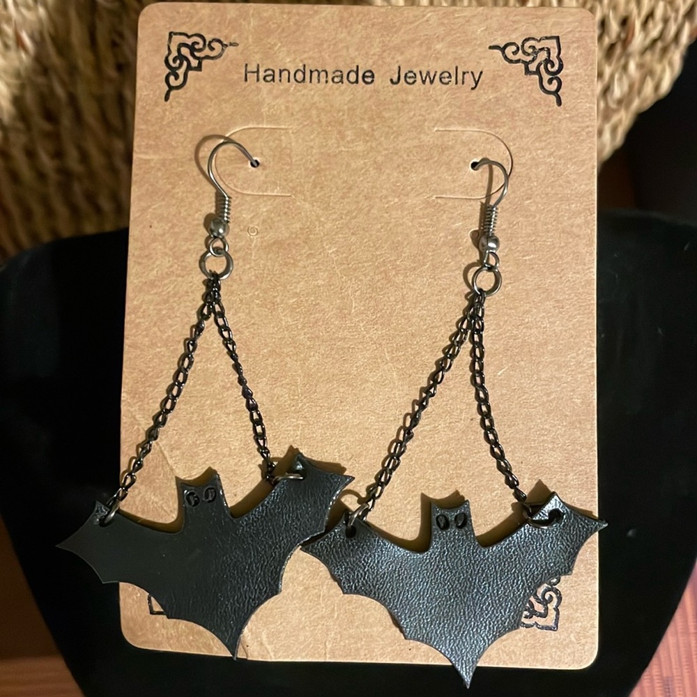 Handmade Black Bat 3” Dangle Earrings French Wire Hooks NEW in Package